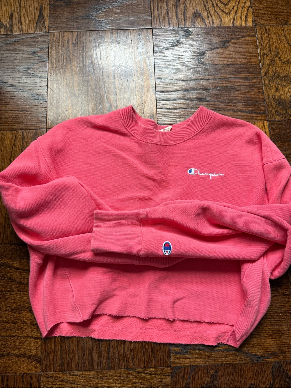 Champion Coral Pink Cropped Sweatshirt with Embroidered Logo
